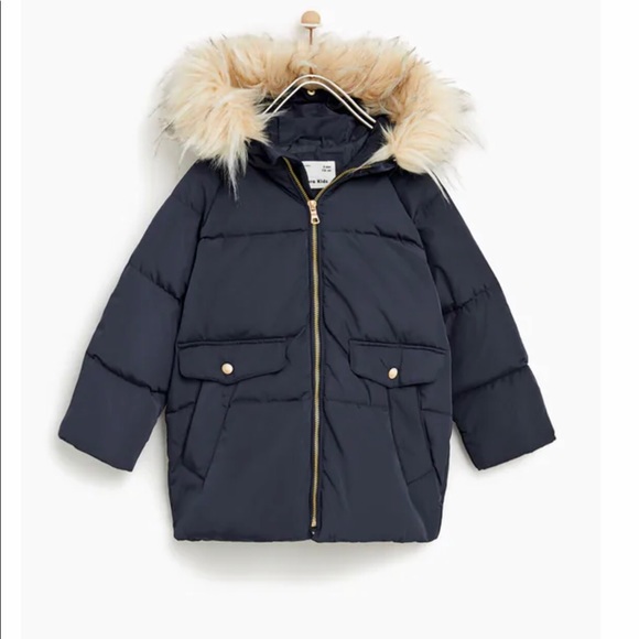 Zara Down Puffer Jacket with detachable Faux Fur-size 13/14